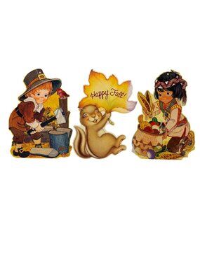 Vintage Hallmark Cards Cut Out Wall Decor Fall Autumn Thanksgiving Pilgrim